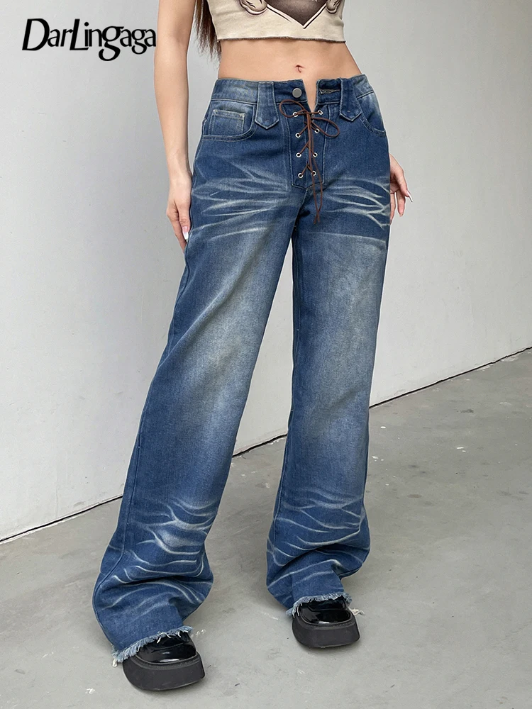 

Darlingaga Y2K Streetwear Distressed Burr Lace Up Woman Jeans Washed Casual Straight Leg Denim Trousers Tassel Vintage Outfits