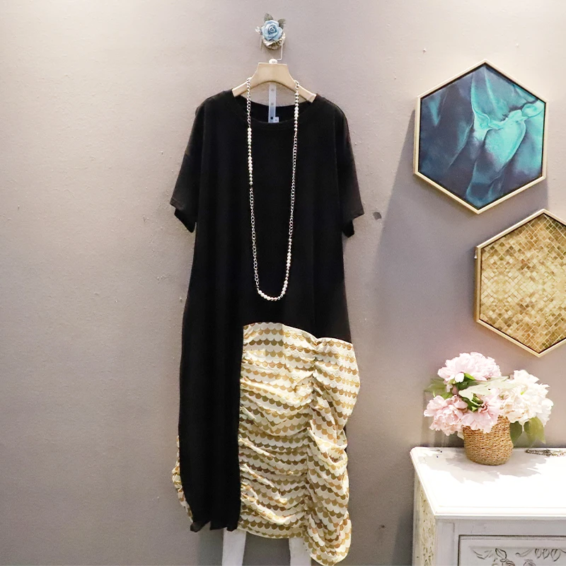 

SuperAen 2022 Summer Contrast Color Fashion Patchwork O Neck Mid Length Loose Oversized All Match Dresses for Women