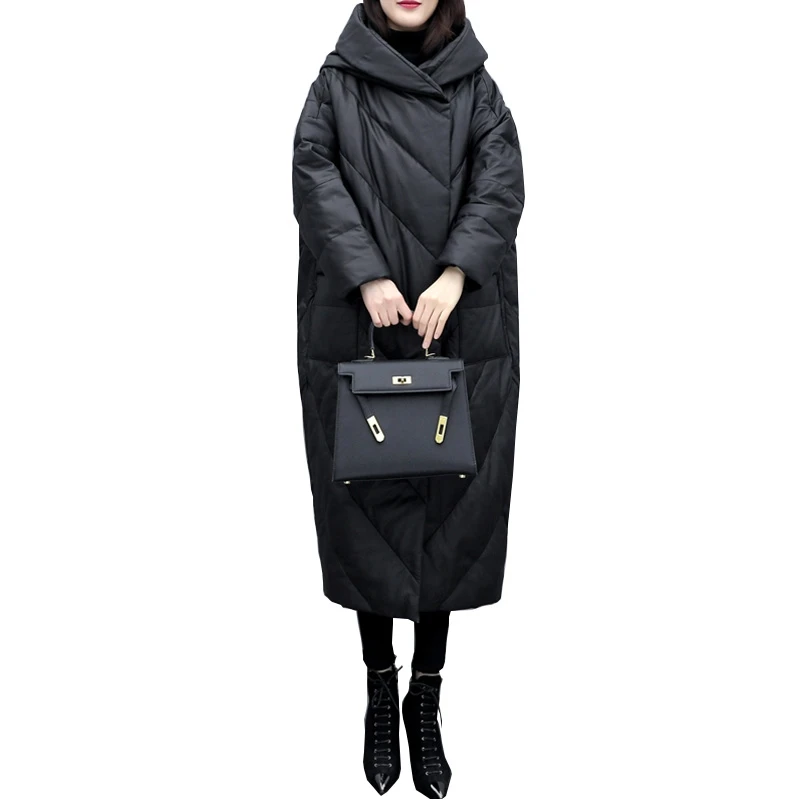 Winter Down Cotton Coats Women's 2022 New Loose Long Korean Fashion Tops Black Jacket Solid Hooded Famale Clothing Padded Parkas