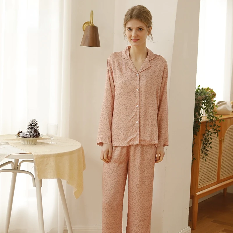 

2022 New Rayon Satin Pajamas Women's Long Sleeve Trousers Suit Viscose Print Turn-down Collar Home Clothes Two Piece Set Spring