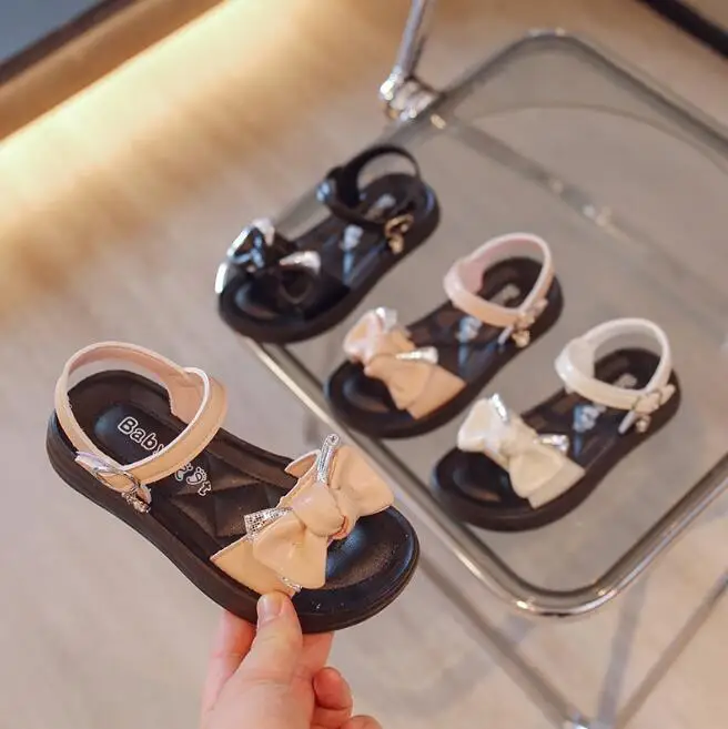 

Children's Sequins Sandals Girls Sweet Bow Rhinestone Princess Shoes Fashion Non-slip Flat Kids Soft Bottom Sandals Girls Shoes