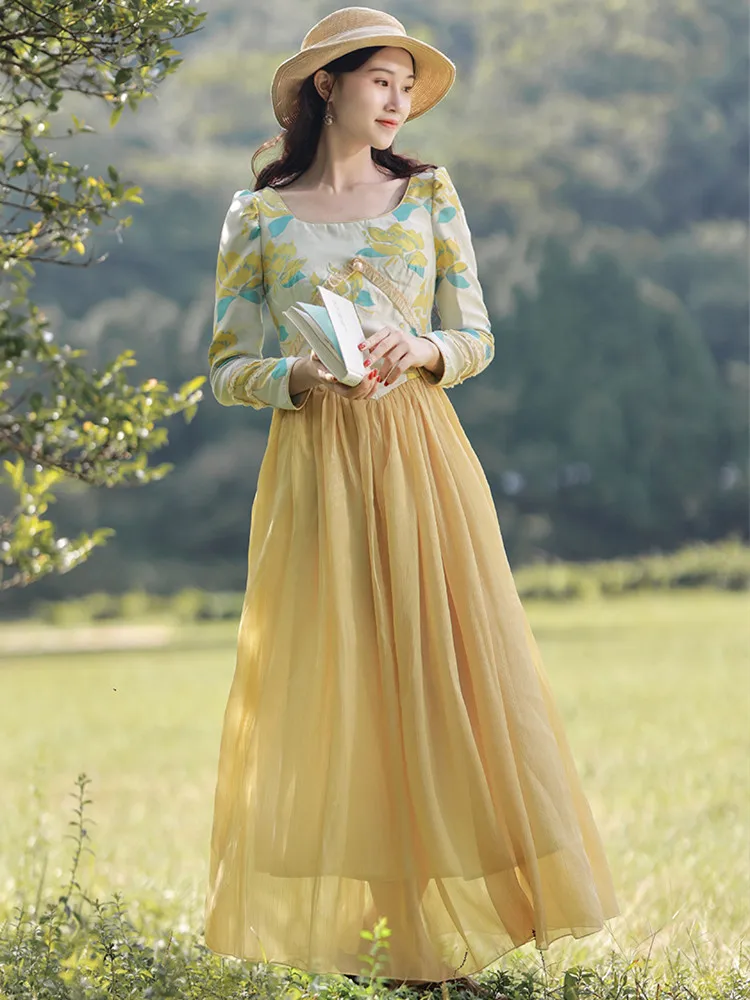 AIGYPTOS Maxi Dress For Women Original Design Medieval Vintage Elegant Slim Long Dress Floral Print Long Sleeve Yellow Dress