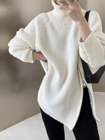 [EAM] Женский вязаный свитер на молнии с разрезом, большой размер, водолазка с длинным рукавом, женские пуловеры, новая мода, Осень-зима 2024, 1DF3058