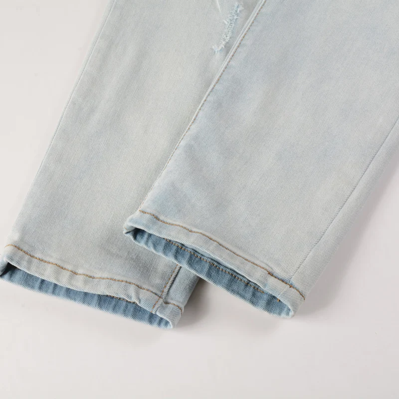 Fashion Streetwear Men Jeans Retro Light Blue Stretch Slim Fit Hole Ripped Jeans Men Patch Designer Hip Hop Brand Pants Hombre