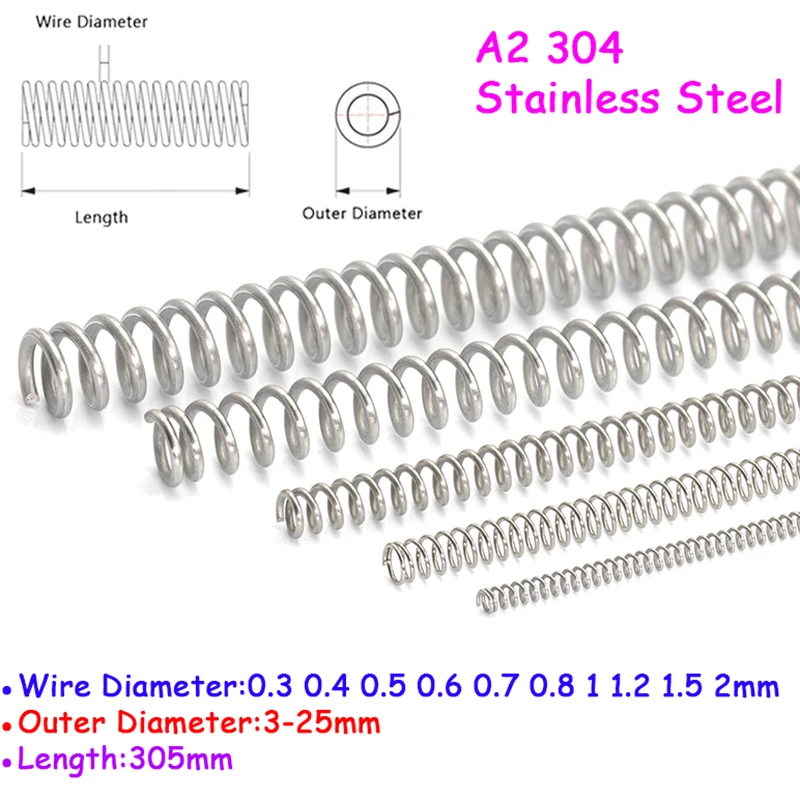 

305mm Length A2 304 Stainless Steel Compression Spring Wire Dia 0.3 0.4 0.5 0.6 to 2mm Y Type Long Spring Outer Dia 3-25mm