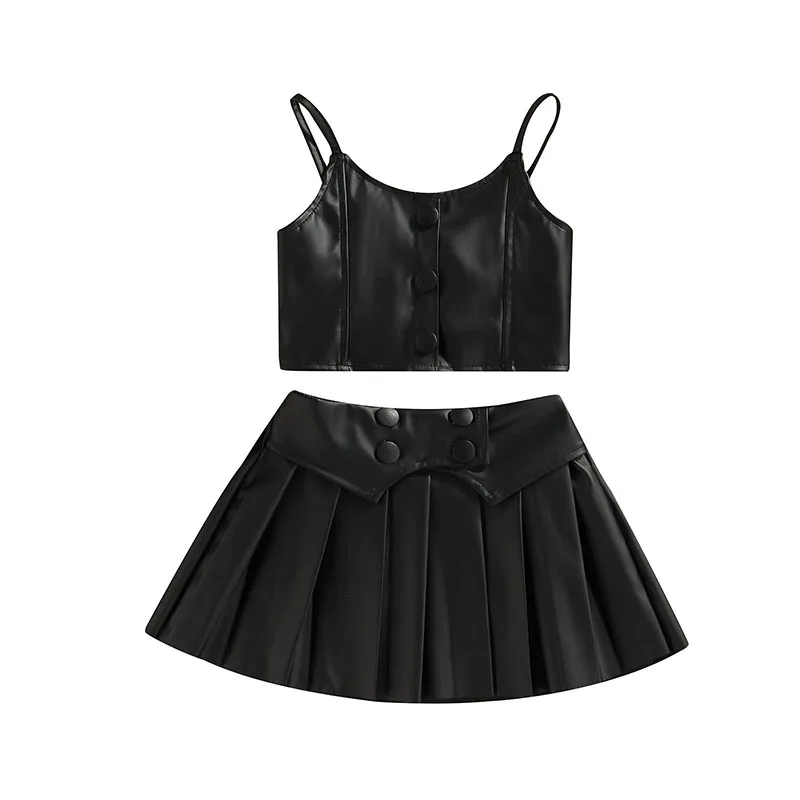 

Toddler Kids Girls Casual Suit Fashion Solid Color Sleeveless Sling Tops+Button Pleated Short Skirt Black Outfits Summer