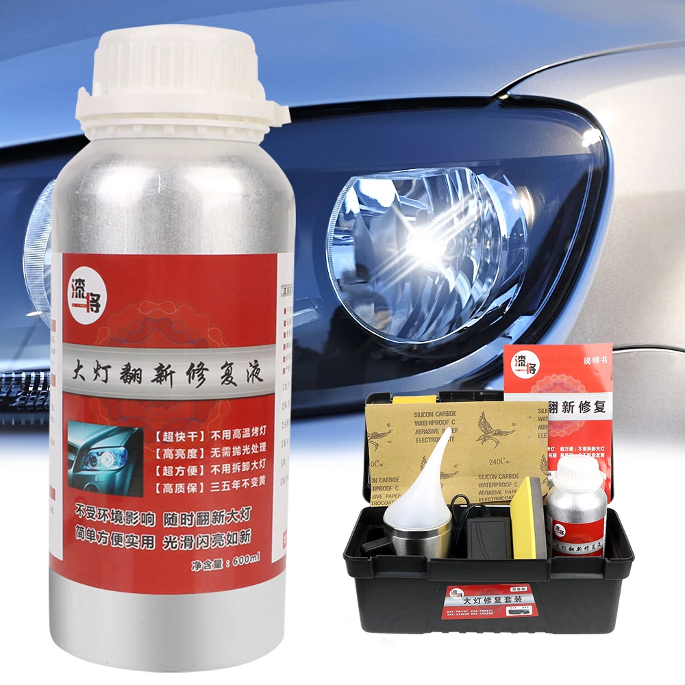 

Lamp Restoration Agent Refurbishmen Car Headlight Renovation Scratch Polishing Coat 6pcs Sanding Paper 600ml Liquid