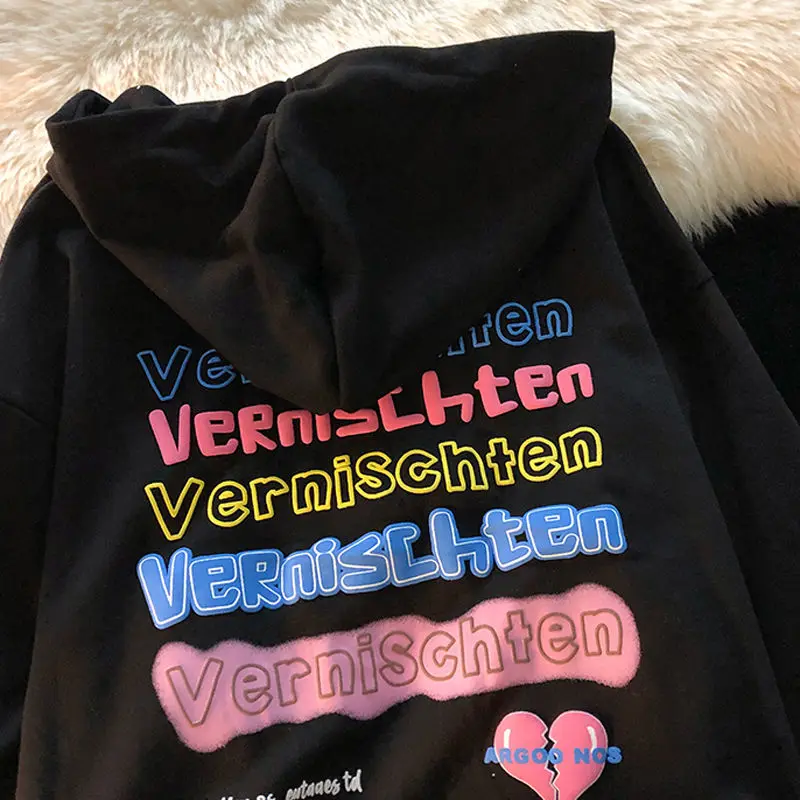 

Pink Love Broken Foam Printing Hoodies Women Couple Hooded Cardigan Ins Japanese Loose Women Coat Oversized Sweatshirt Women Top