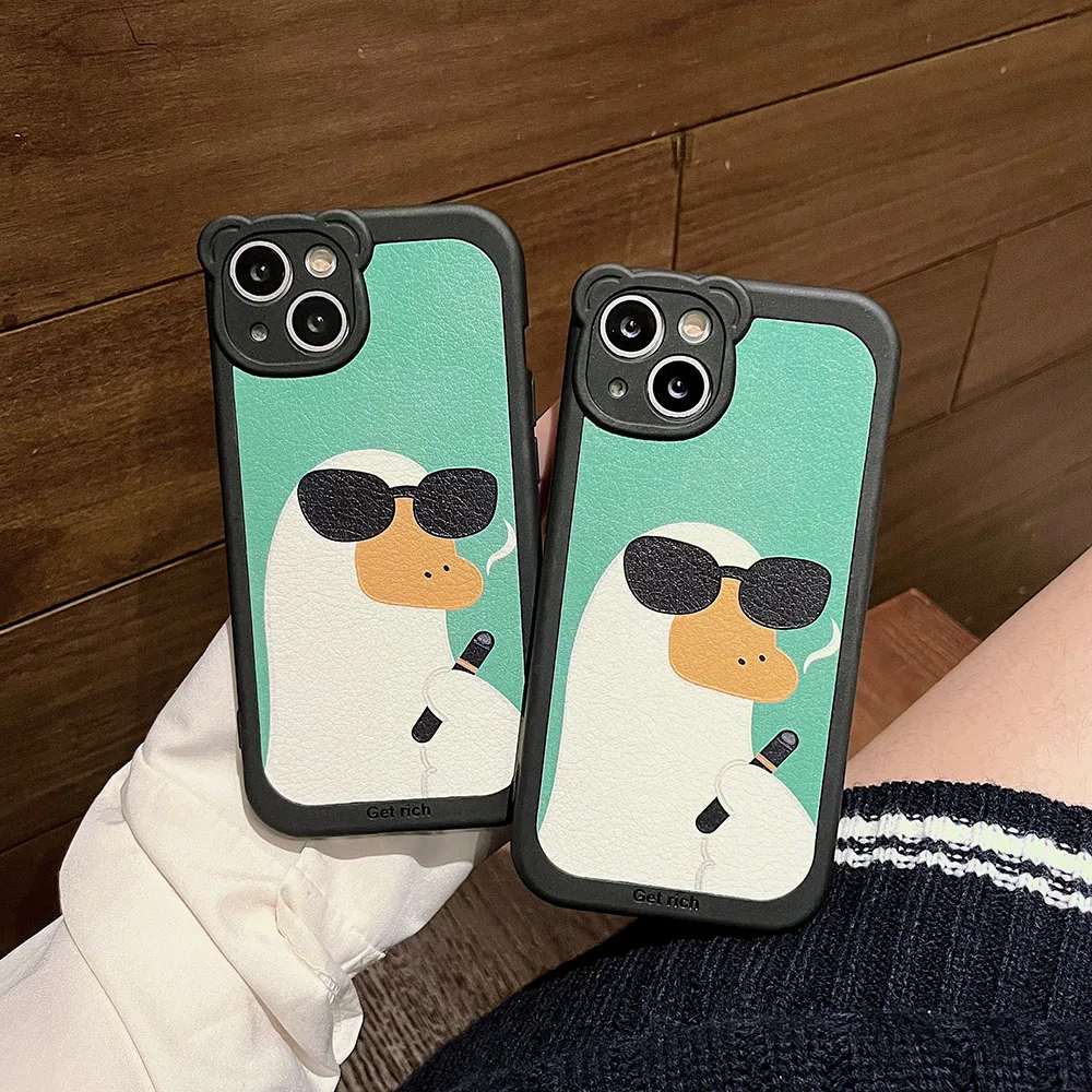 

INS Cartoon Duck All-inclusive Lens Cortex Phone Cases For iPhone 13 12 11 Pro Max XR XS MAX X Couple Anti-drop Soft Cover