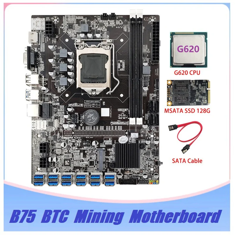 

B75 ETH Mining Motherboard 12 PCIE To USB MSATA DDR3 With G620 CPU+MSATA SSD 128G+SATA Cable B75 USB BTC Miner Mining