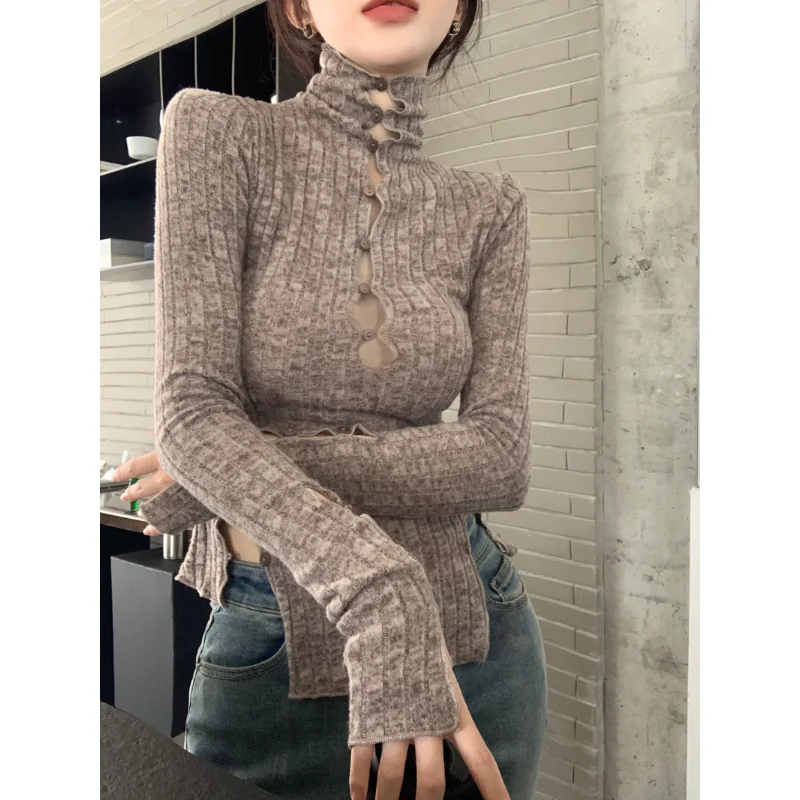 

2023 Spring for Women Crop Tops Korean Style Hollow Out Retro Screw Thread T-Shirt Knitting Long-sleeved Elastic Tee Shirt