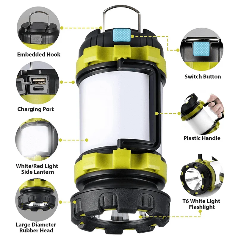 

Rechargeable 1000LM IPX5 Waterproof Outdoor Camping Lantern, 6 Modes Flashlight with 4000mAh, Emergency Portable Light for Campi