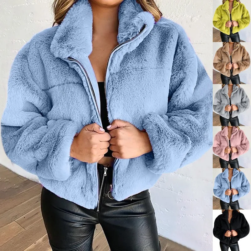 Korean Casual Plush Coat 2023new Green Short Faux Fur Coats Women Stand Collar Overcoat Winter Thicken Warm Furry Jackets Woman