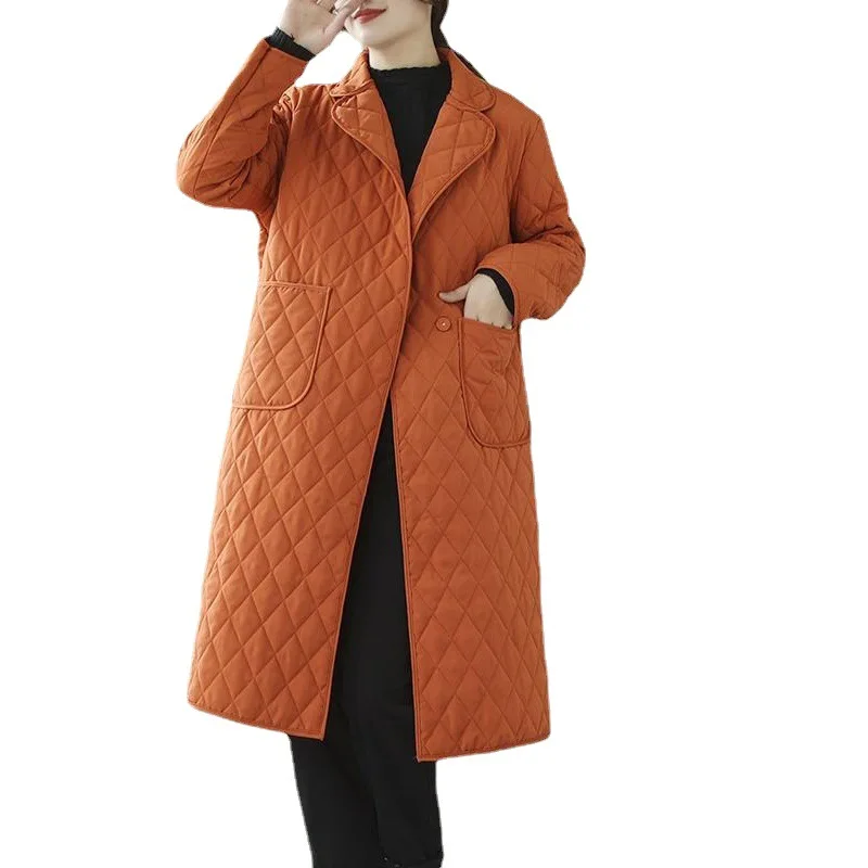 Retro Lapel Double Pockets Mid Length Coat Top Women 2022 Autumn Winter New Elegant Solid Color Windbreaker Warm Cotton Jacket