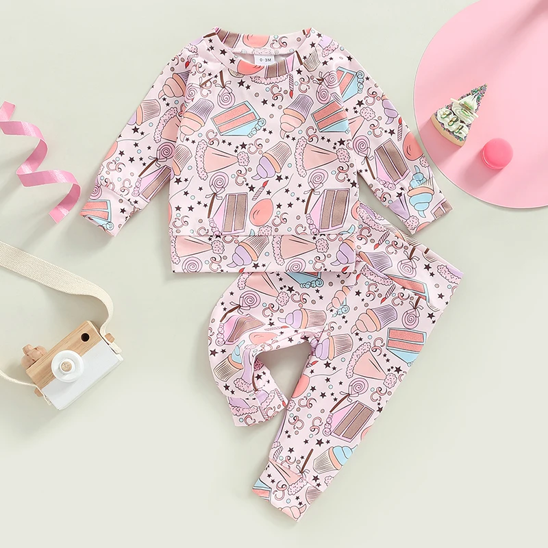 

Fashion Spring Autumn Newborn Baby Girls Clothes Sets 0-18M Ice Cream Print Long Sleeve Sweatshirts T-shirts+Long Pants Outfits