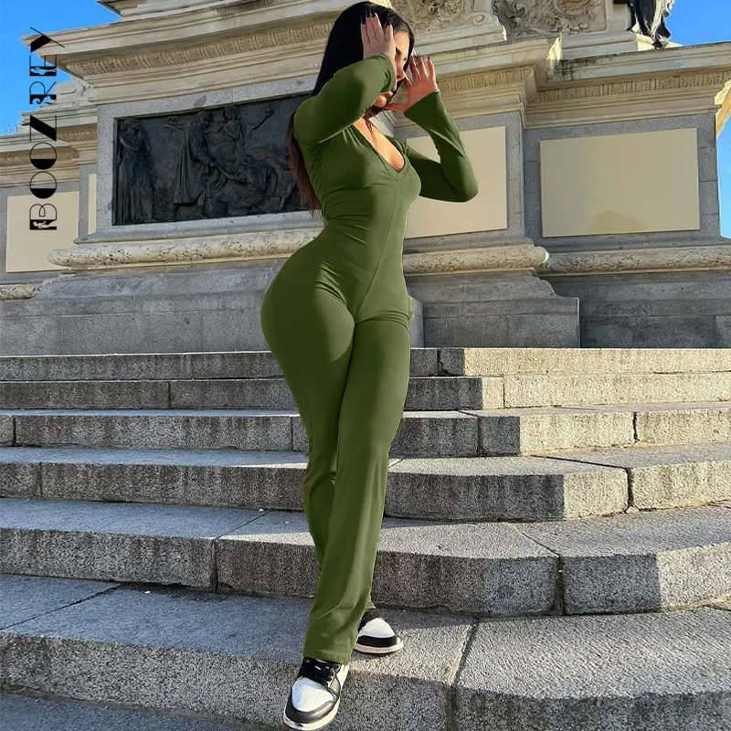 BoozRey Y2k Fashion Skinny Overalls Full Sleeve V Neck Sporty Body-shaping Jumpsuits for Women Basic Aesthetic Jumpsuit Spring