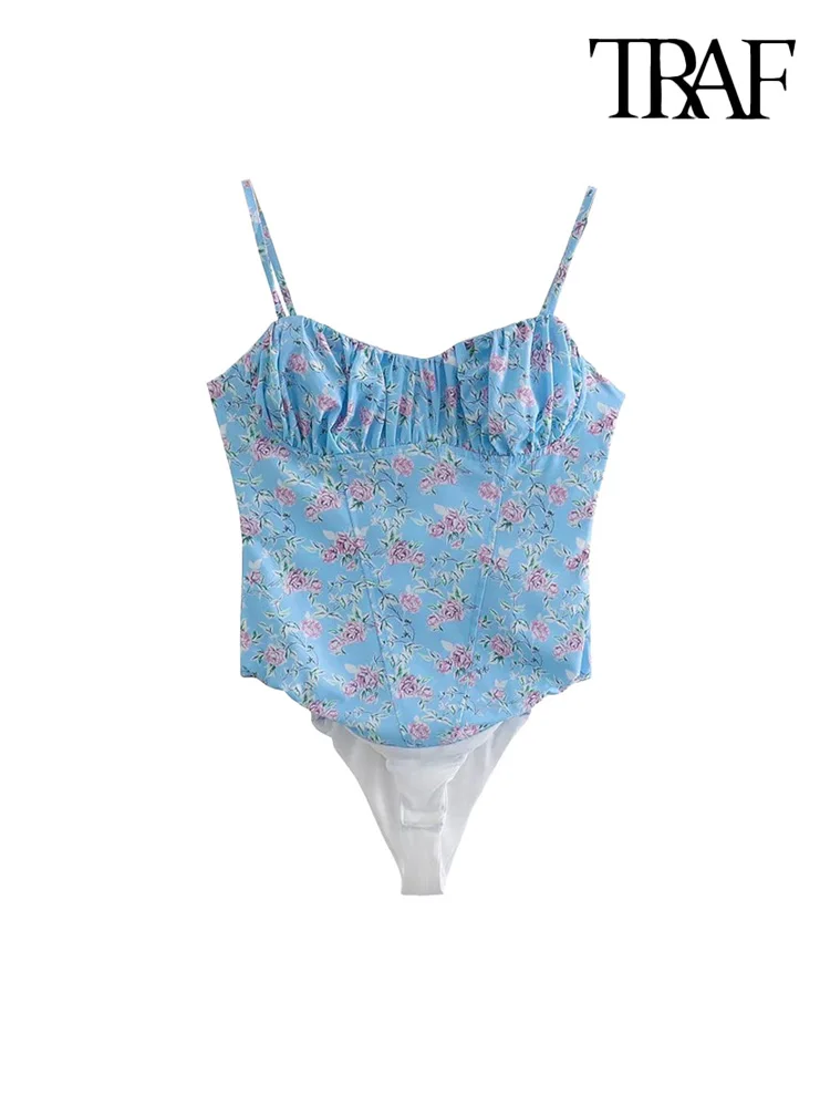 

TRAF Women Fashion With Sweetheart Neck Floral Print Bodysuits Vintage Backless Elastic Thin Straps Female Playsuits Mujer