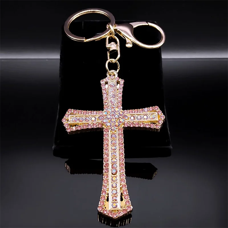 

Jesus Cross Keychain Gold Color Metal Pink Rhinestone Christian Catholic Keyring Lucky Purse Bag Accessories Jewelry chaveiro