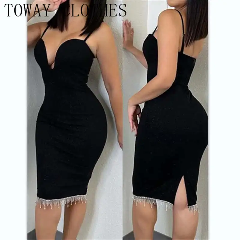 

Dress For Women Summer Sleeveless Sexy Rhinestone Tassel Design Slit Party Dress