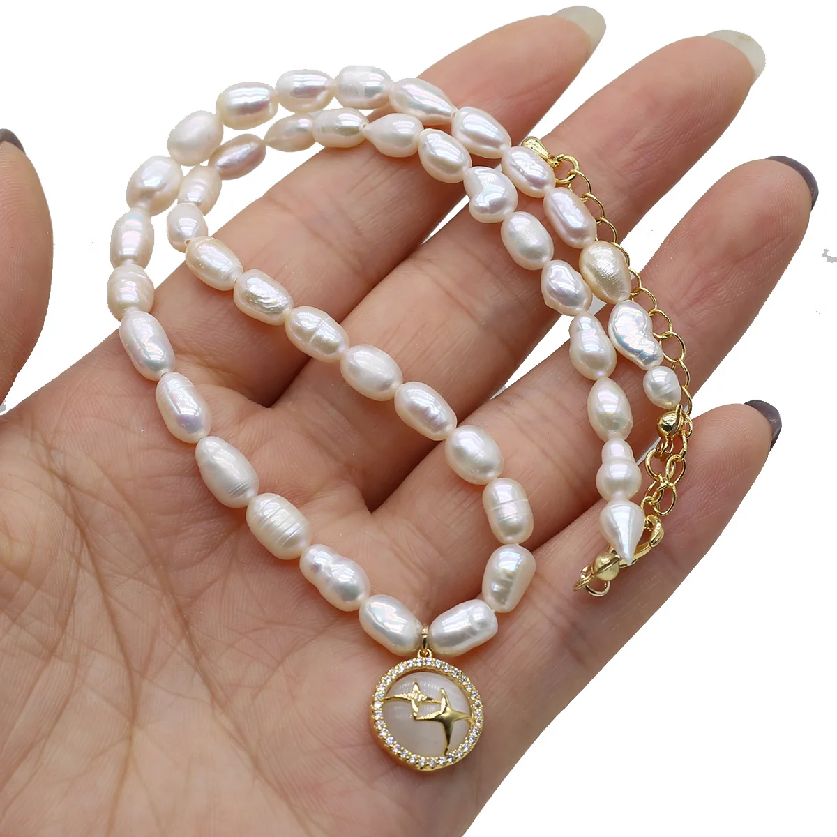 

5-6mm Pearl Necklace Rice Beads Stylish Simplicity Women Wedding Round Pendant Necklace Fashion Jewelry 37+5cm Extended Chain
