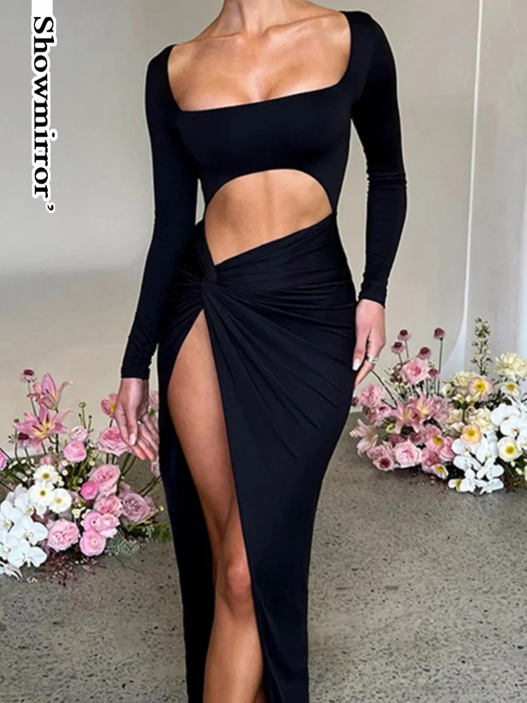 

Showmirror Elegant Long Sleeve High Rise Slit Maxi Dress Women's Clothing Cut Out Ruched Twist Knot Club Party Dresses Gown