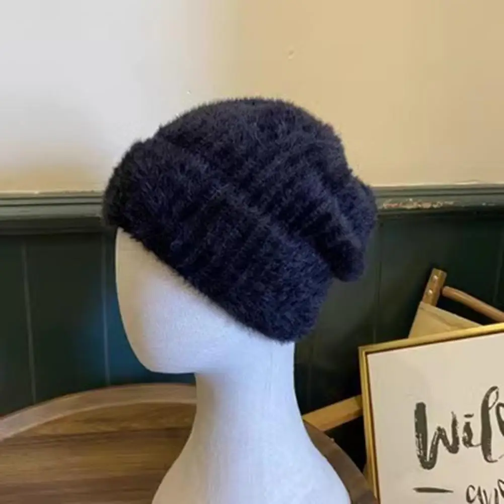 

Ladies Hat Soft Plush Knitted High Elastic Solid Color Trendy Women Winter Warm Fashionable Piled Hat