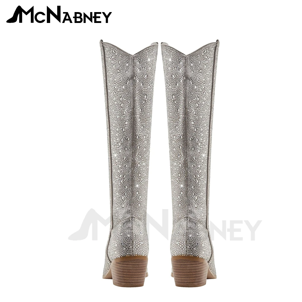 Rhinestone Western Cowboy Knee Boots Pointed Toe Wedge Boots for Women Fashion Luxury Style High Heels Bling Bling Slip On Boots