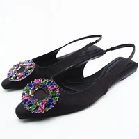 2022 spring and summer new black womens flat shoes square toe colorful buckle comfortable and stylish muller shoes