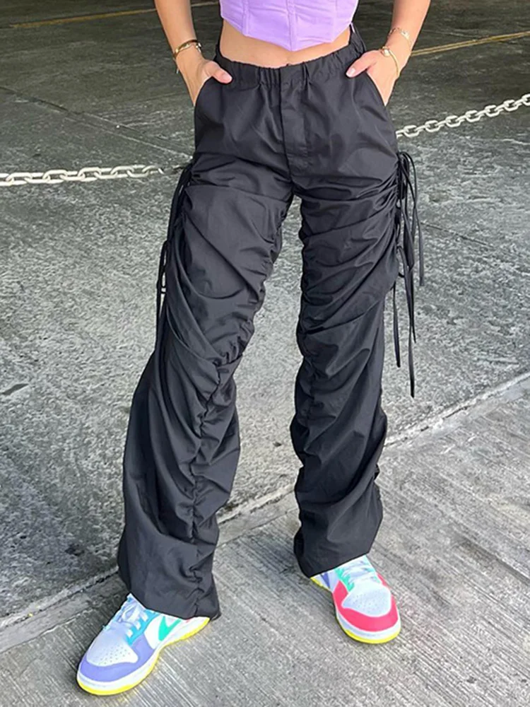 

YIKUO Hip Hop Black Low Waist Pleated Trousers For Women Shirring Drawstring Tie Up Chic Casual Baggy y2k Streetwear Sweatpants