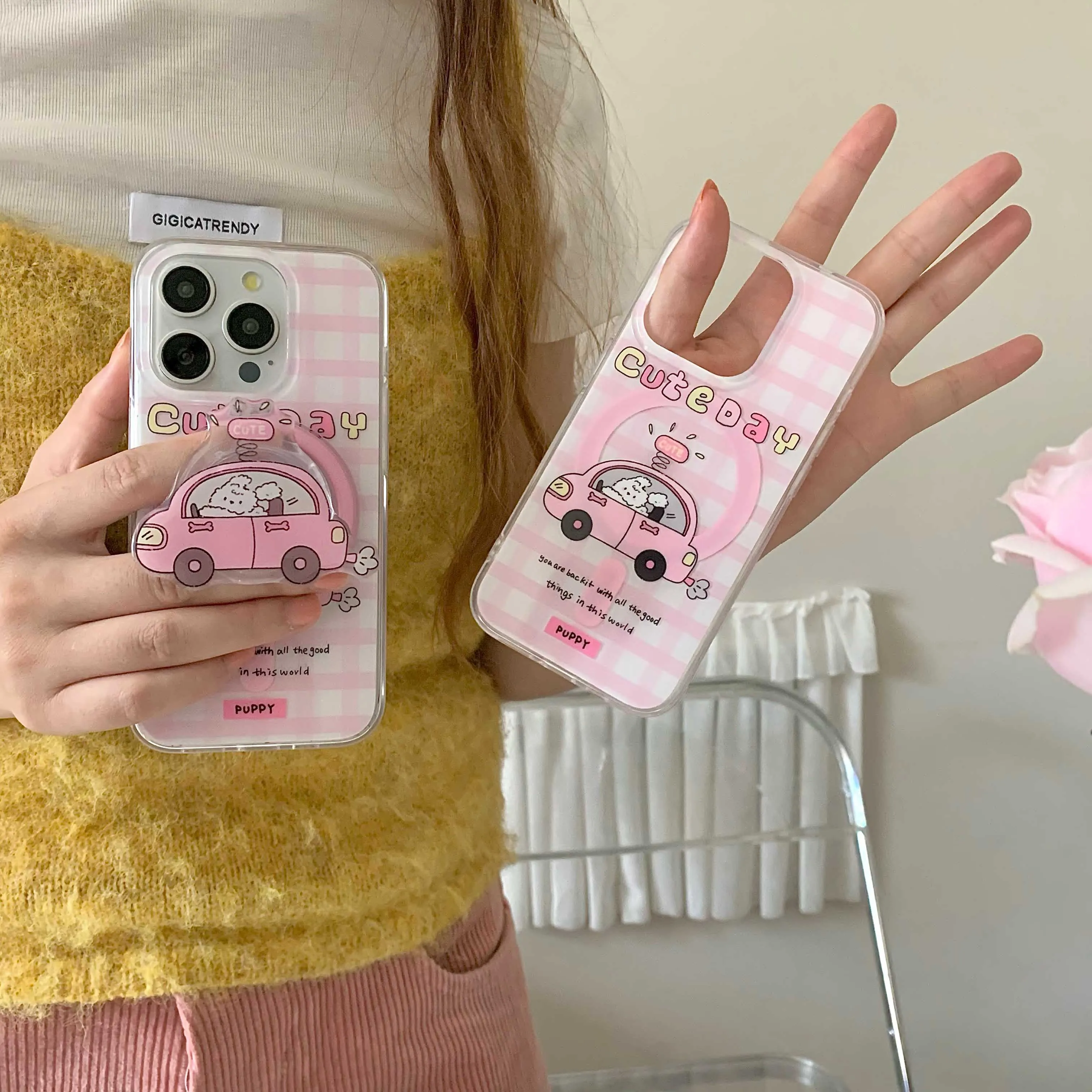 Магнитные Чехлы розового цвета для iphone 15pro 13 15promax 14promax 14 15 12 pro max мультяшный щенок