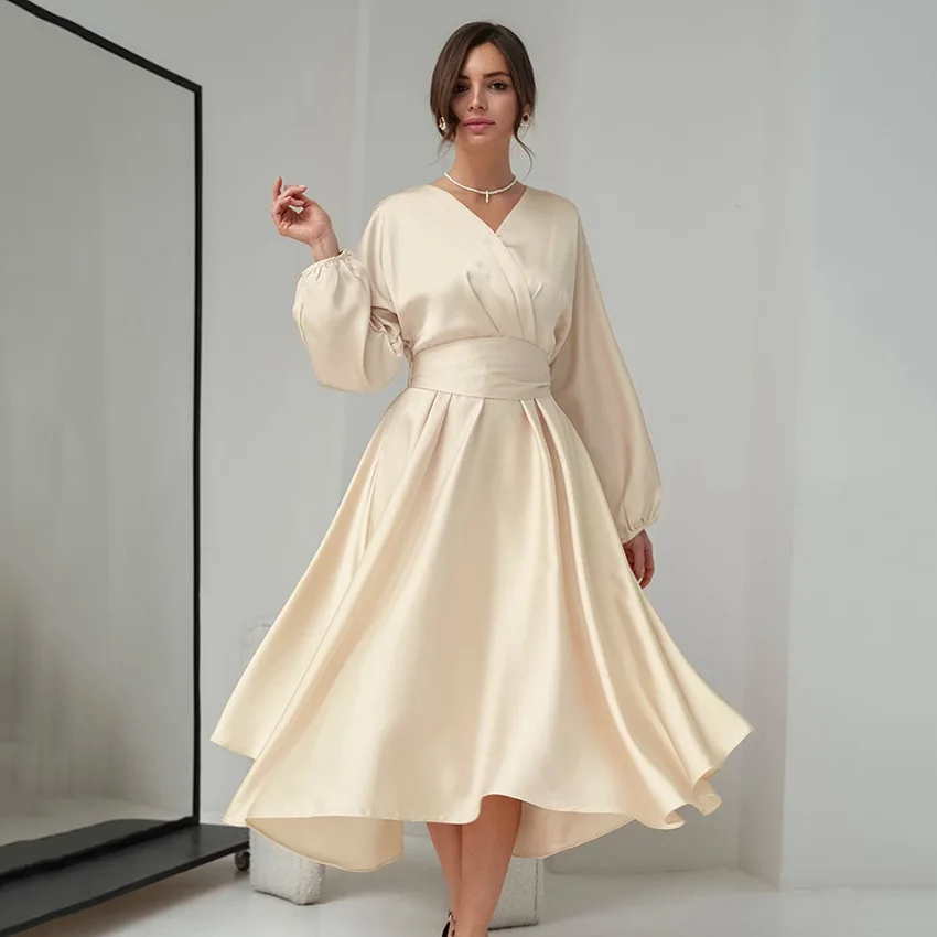 

Платье женское длинное ТРАПЕЦИЕВИДНОЕ до щиколотки с V-образным вырезом и длинным рукавом