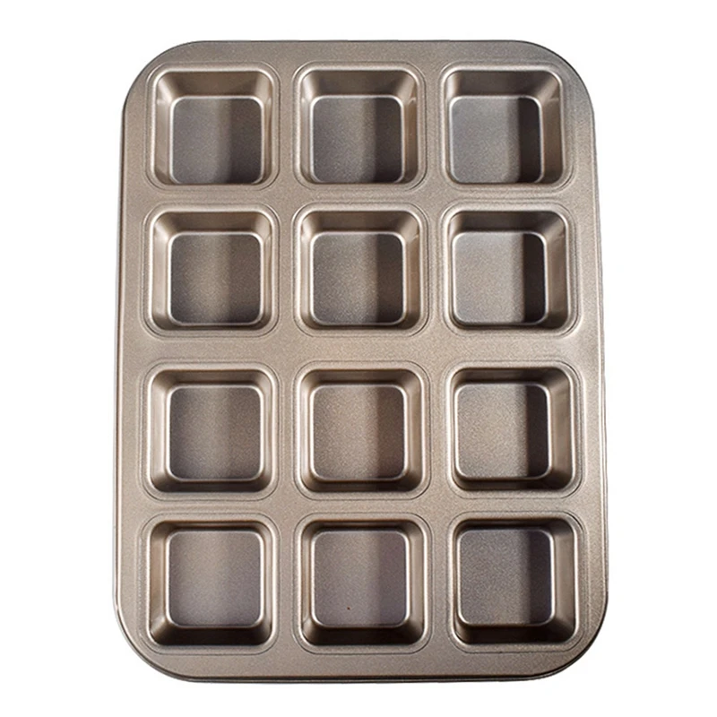 

2X 12 Cups Square Mini Bread Burger Muffin Cupcake Mold For Household Non-Stick Baking Pan Oven Trays Pastry Tool(Gold)