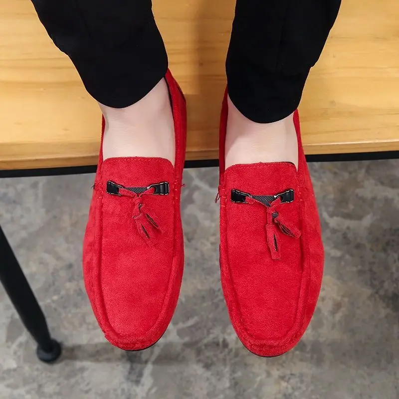 Men Shoes Black Suede Leather Loafers Men Slip On Walking Driving Shoes Moccasin Soft Comfortable Summer Casual Shoes Red Flats