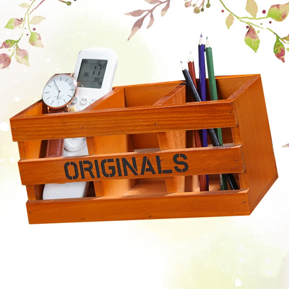 

Vintage Pen Holder Creative Desktop Organizer Wooden Case Simple Brush Container for Home (Three Lattice Brown) Holders