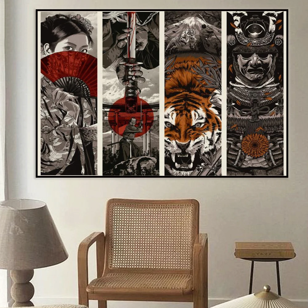 Винтажный настенный плакат в японском стиле с изображением призрака самурая