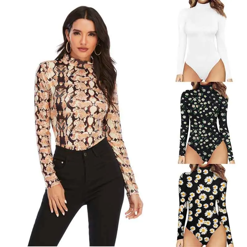 

Sexy High Roll Leotard Top Jumpsuits Printing High Waist Ladies Neck Turtle Sleeve