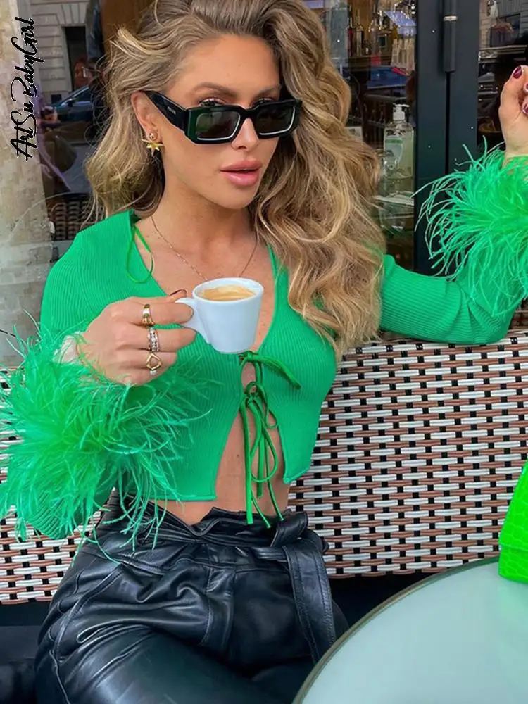 

Feather Top Knitted Cardigan Long Sleeve Crop Top Solid Bandage Cardigans Autumn Winter Clothes Streetwear V Neck Green Sweater