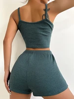 2022 new ribbed knit cami top tie waist shorts lounge set womens sleepwear sexy