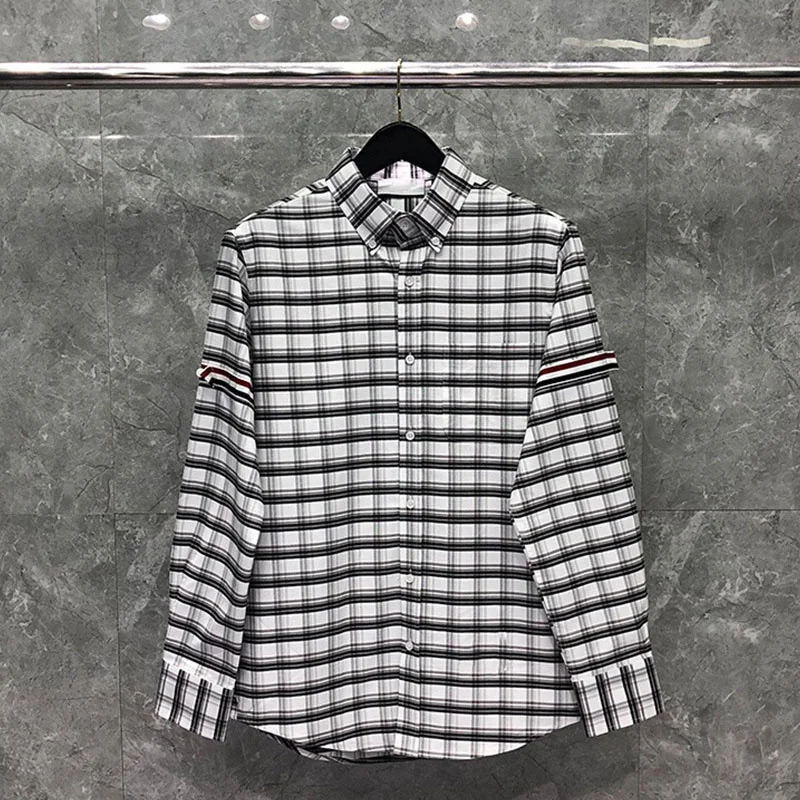 TB THOM Shirt Top Fashion Brand Gray Plaid Ribbon Armband Stripes Slim Fit Casual Men's Clothing Fine Cotton Long Sleeve W