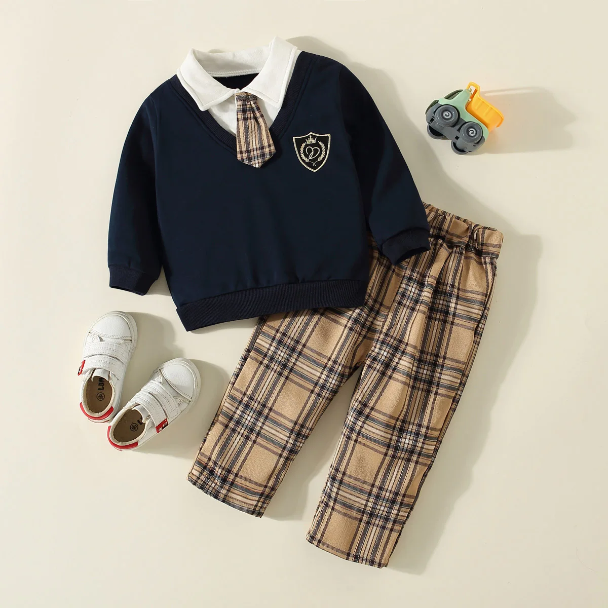 

hibobi Toddler Boy Preppy Style Necktie 2 in 1 Shirt & Plaid Trousers 2 Pieces Set For Kids