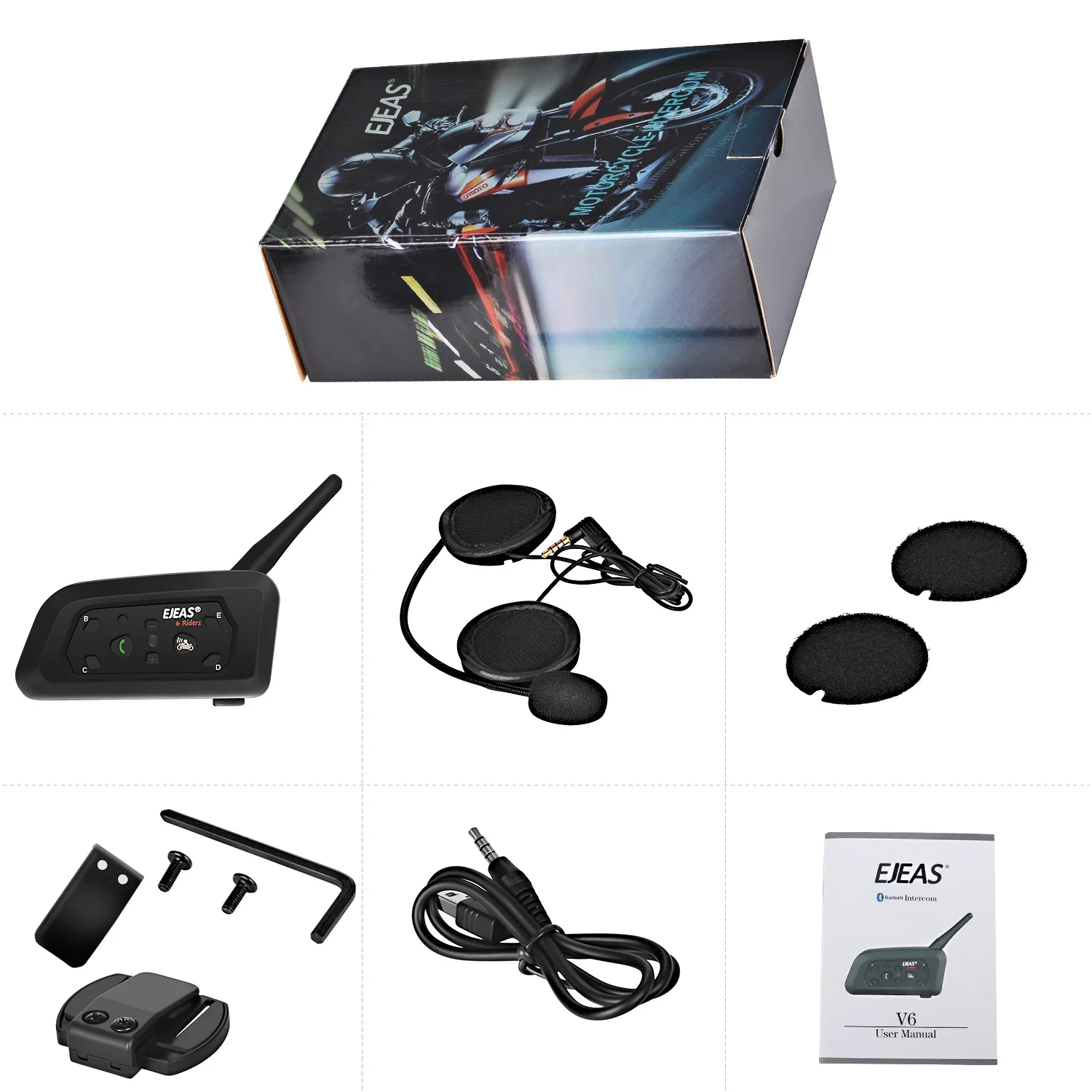 EJEAS V6 Pro Helmet Intercom Headset Motorcycle Bluetooth 1200m Interphone Communicator Full Duplex for 6 Riders Waterproof IP65 images - 6