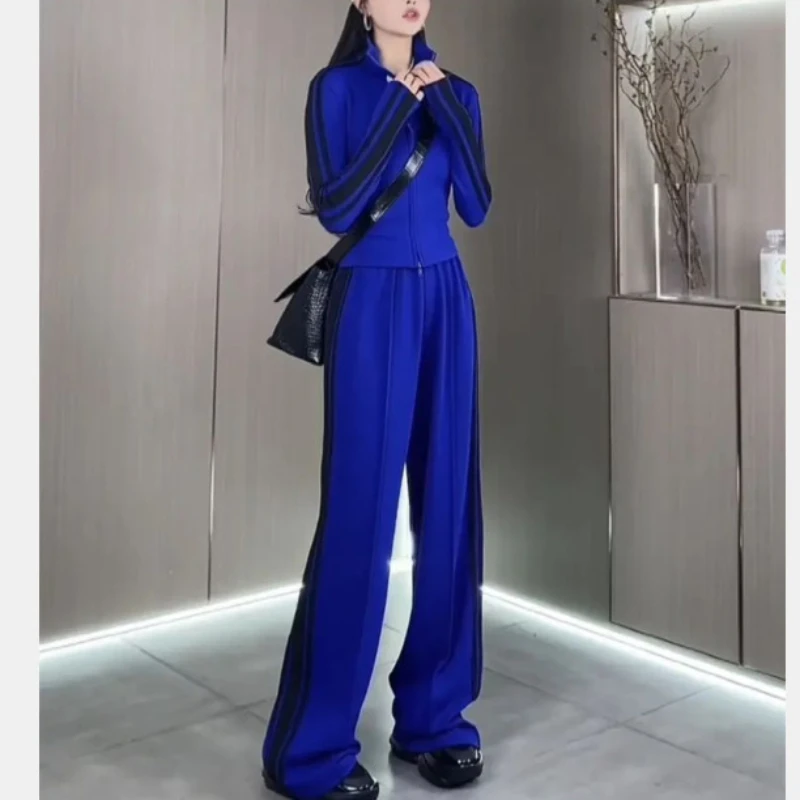 

Fashion Stand Collar Short Set Early Autumn New Stripe Stitching Slim Casual Sports Wide Leg Pants Two Piece Sweatshirt