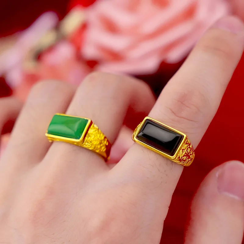 

Мужское кольцо с имитацией изумруда и нефрита, регулируемое кольцо из 18-каратного золота с овальной инкрустацией и кристаллом
