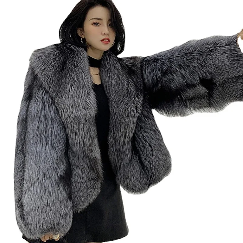 2022 Winter New Imitation Fox Fur Coat Women's Short Fashion Coat Young Silver Fox Fur Lapel Coat Encryption Thickened Faux Fur