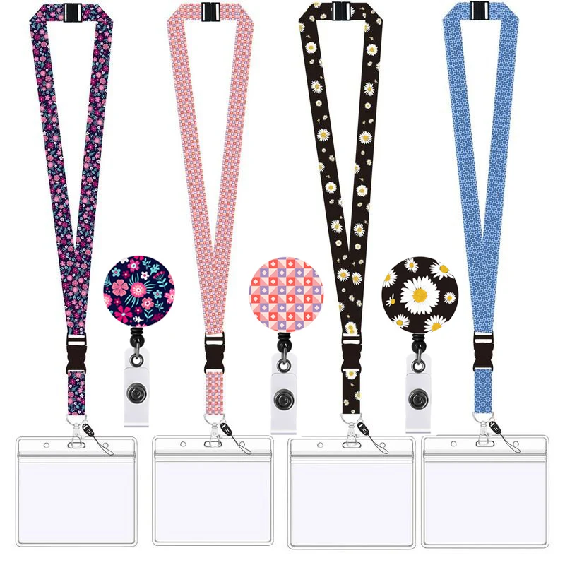 Student Lanyard Retractable Pull Clip Badge  ID Name Card Case Flower Business Credit Card Holder  Plastic Employee Card Cover