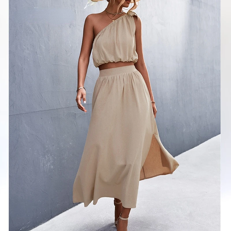 

Chic Skew Collar Tie 2-Piece Skirt Suits for Women Summer Sets 2022 New Sexy Short Vest + Hem Slit Long Skirt Suit Women