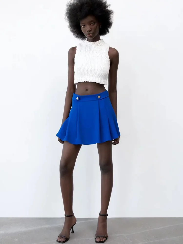 

xikom 2022 New Women Fashion Side Pleats Design Blue Bermuda Shorts Skirts Lady Zipper Fly Hot Shorts Chic Pantalone Cortos