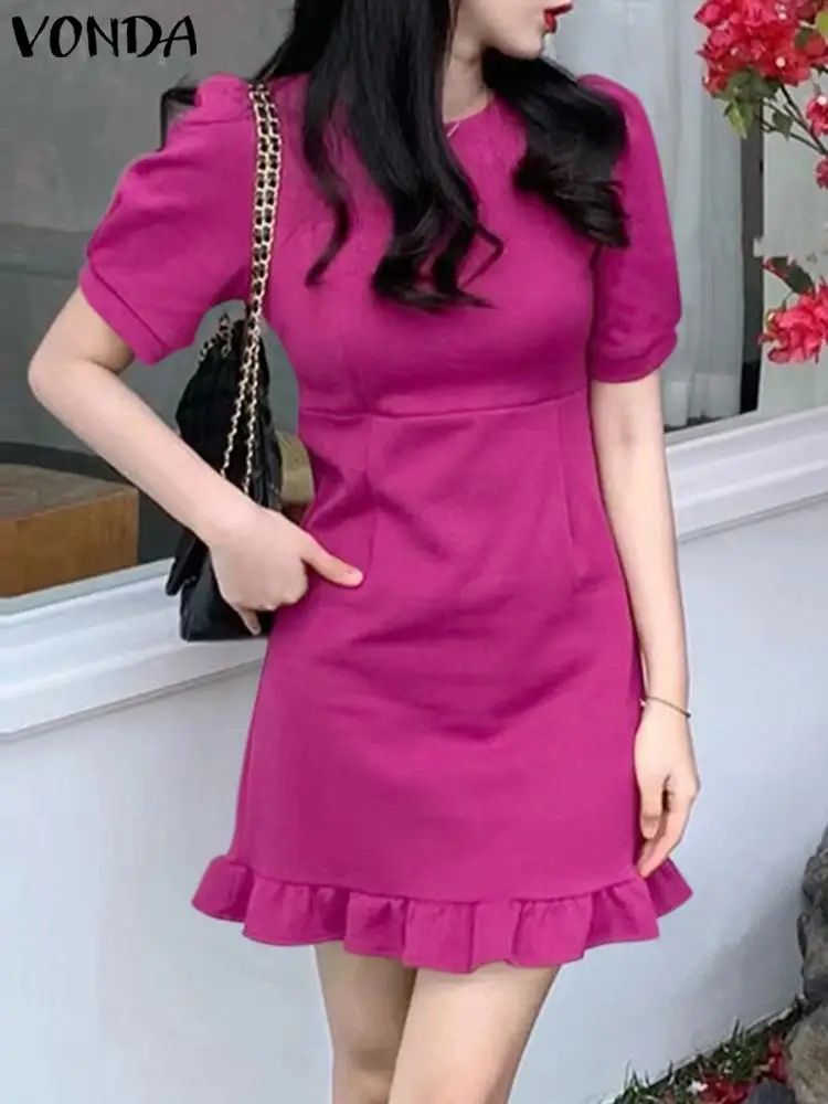 

VONDA Fashion Mini Dress Women Summer Sundress 2023 Elegant Casual Solid Color Round Neck Short Sleeve Ruffled Hem Vestidos Robe