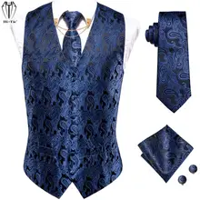 Oi tie coletes de seda dos homens azul paisley jacquard colete gravata hankerchief abotoaduras colar de ouro conjunto pino para os homens vestido terno de casamento (3)