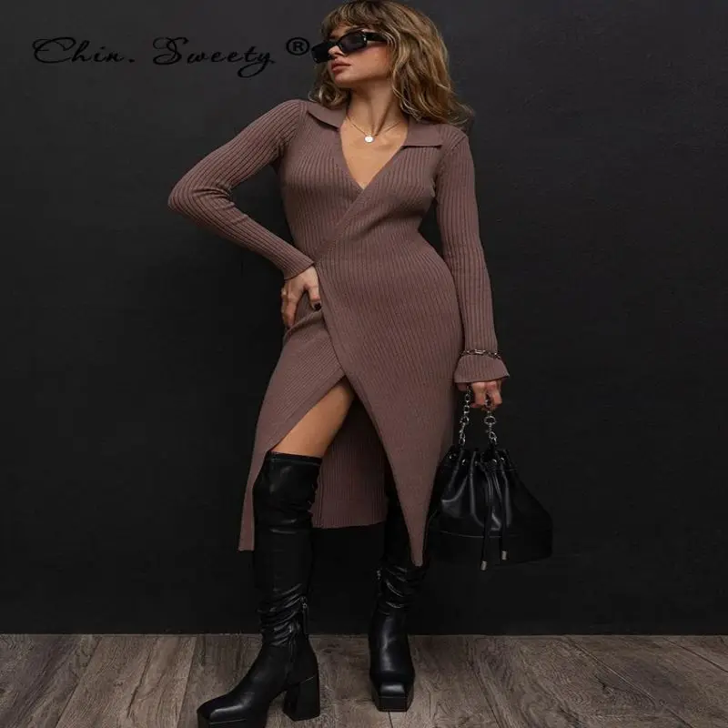 

Women's V-neck Split Knitting Wrap Dress Lace Up Ribbed Polo Collar Sexy Party Dresses for Women New in Fashion Autumn Sp